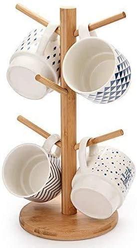 WAYUYU Bamboo Mug Rack, Coffee Mug Tree, Kitchen Coffee Mug Tree Countertop Tea Cups Holder Standr, Coffee Bar Accessories with 6 Hooks, yellow-green