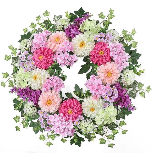 Zmtyykh 24 Inch Dahlia & Hydrangea Wreath Artificial Spring Wreath for Front Door Floral Wreat with Hyacinth Daisy Eucalyptus Ivy Indoor Outdoor Farmhouse Home Decor for Valentine’s Day Easter Summer