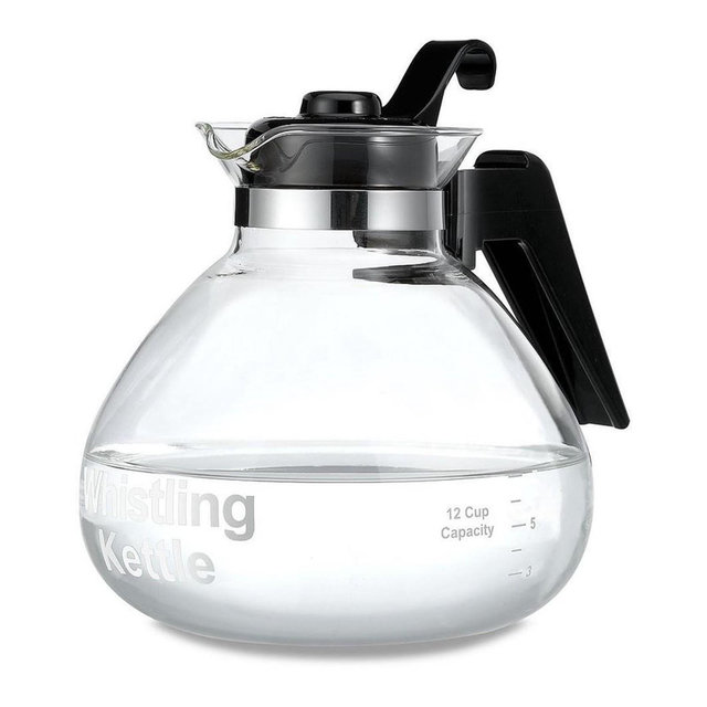 Café Brew Collection Clear Glass Whistling Tea Kettle, to Purely Brew Tea With No Metallic Taste or Other Carafe Flavors, 12 Cup Capacity