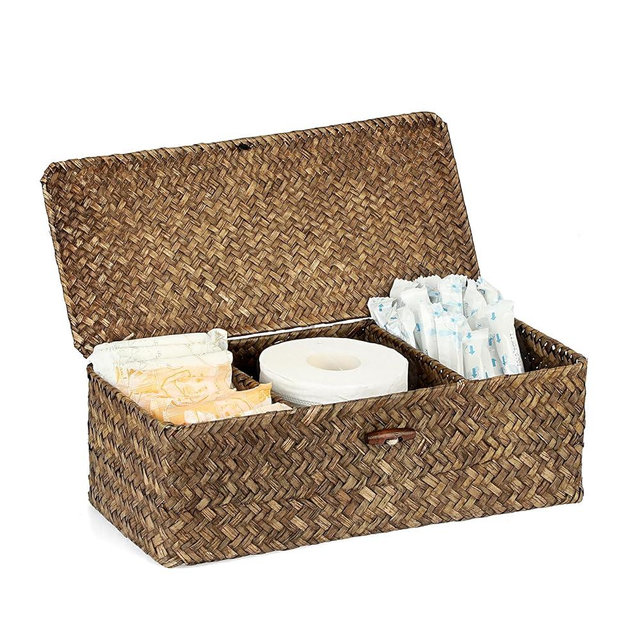Sumnacon Seagrass Storage Basket with Lid Wicker Storage Baskets with Sections,Small Woven Shelf Basket for Toiletries Tampon, Seagrass Basket for Shelf Bathroom Toilet Table Counter,Coffee