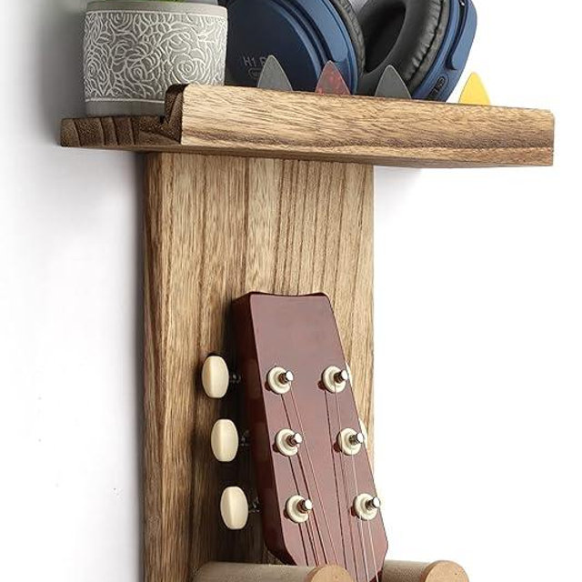 Keebofly Guitar Wall Mount Guitar Wall Hangers,Single Pack,Guitar Stand Wall with Pick Holder Guitar Rack for Acoustic or Electric Guitars,Ukulele,Bass,Mandolin,Rustic Wood Brown,Patented