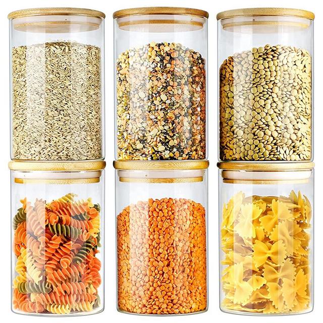 Glass Jar with Bamboo Lids, Glass Airtight food Storage Containers, Glass Canister set, Spice Jar, Glass storage containers with lids, Glass Jars food storage, Glass Pantry Organization and Storage set (26oz-6pcs)