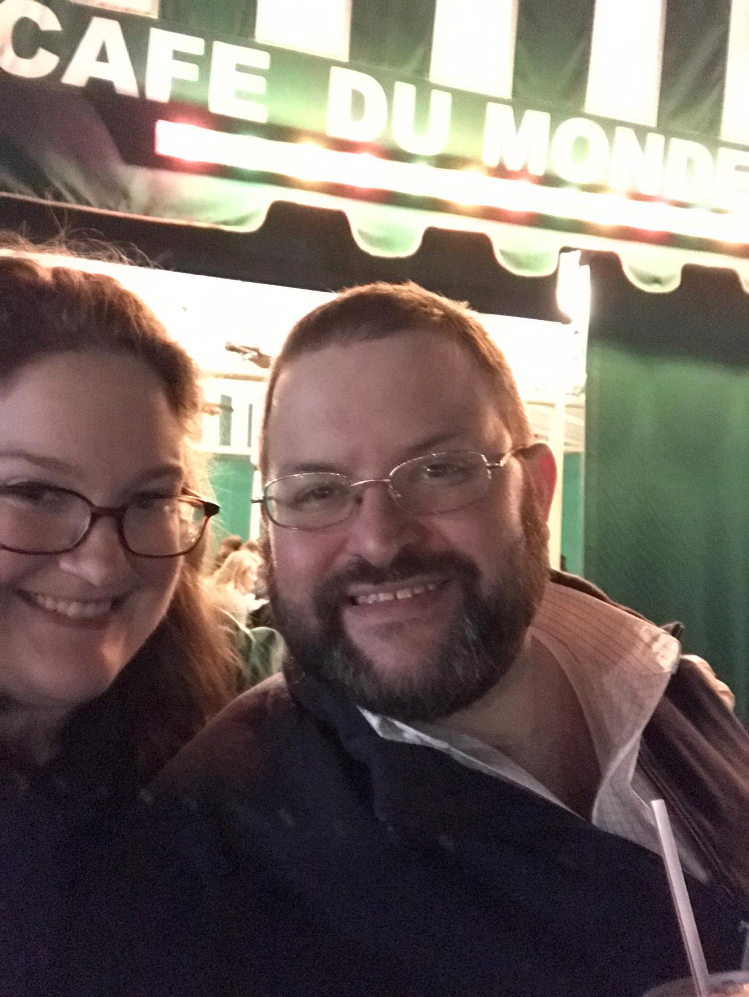 At Megan's favorite part of New Orleans, beignets at Cafe Dumonde