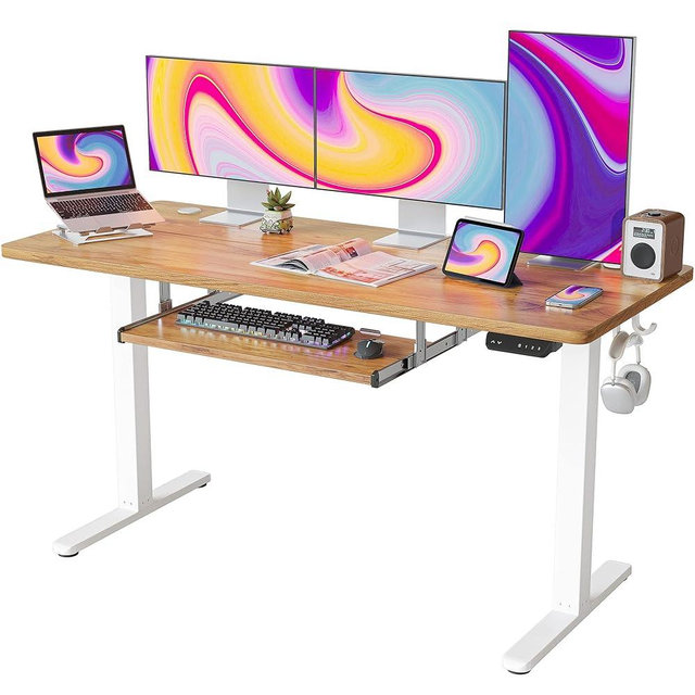 FEZIBO Standing Desk with Keyboard Tray, 60 × 24 Inches Electric Height Adjustable Desk, Sit Stand Up Desk, Computer Office Desk, Light Rustic