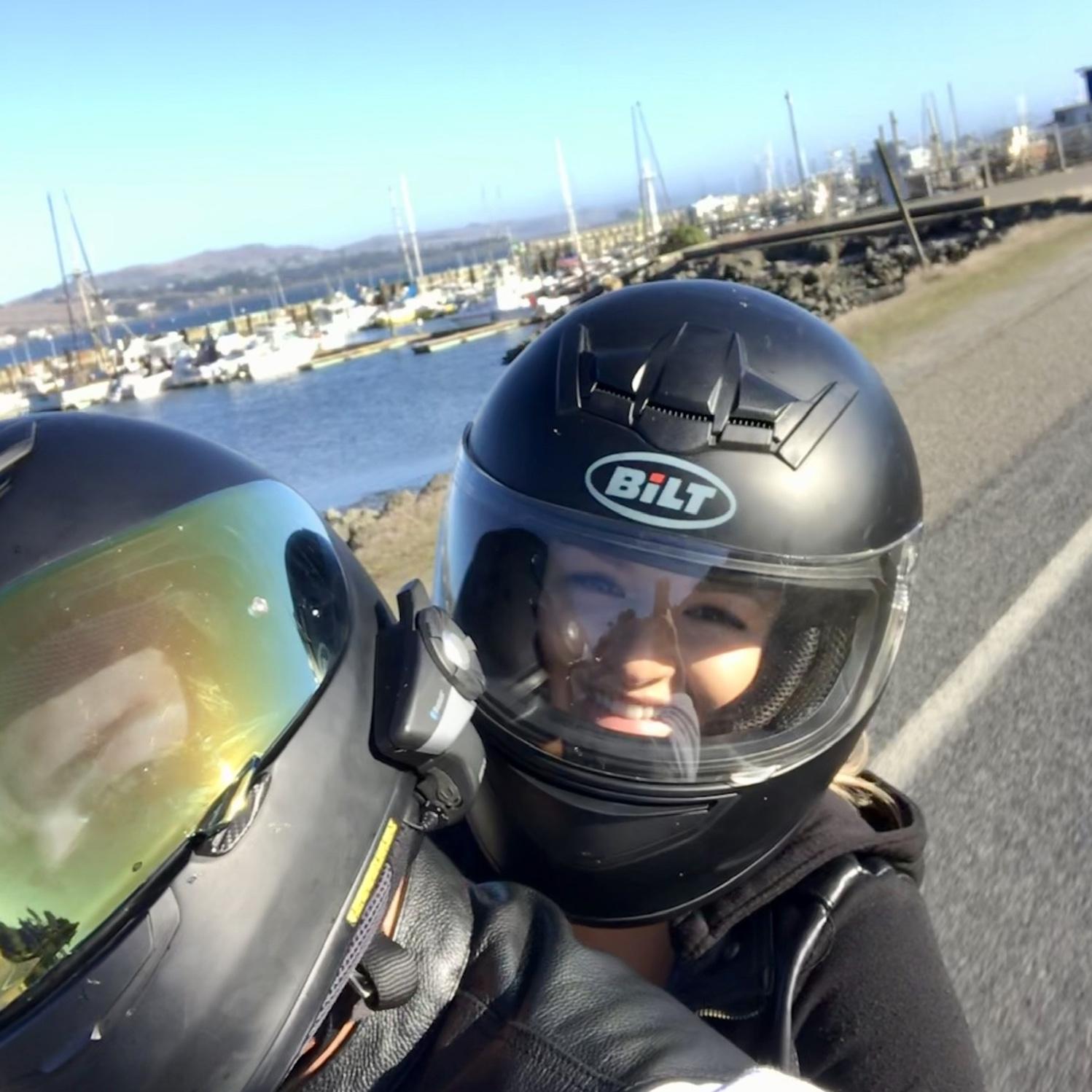Our first photo together. The infamous Harley ride.