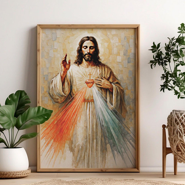 Sacred Heart of Jesus Divine Mercy Wall Poster, Catholic Christian Religious Art, Inspirational Jesus Christ for Living Room or Church 0513