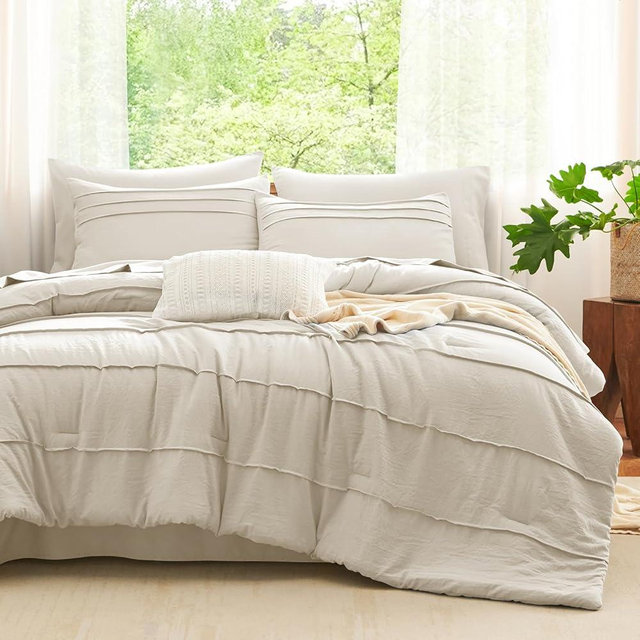 CozyLux Queen Comforter Set Beige, 7 Pieces Soft Prewashed Pinch Pleat Bed in a Bag Queen Comforter Set with Sheets, Boho Bed Set with Down Alternative Comforter, Sheets, Pillowcases & Shams