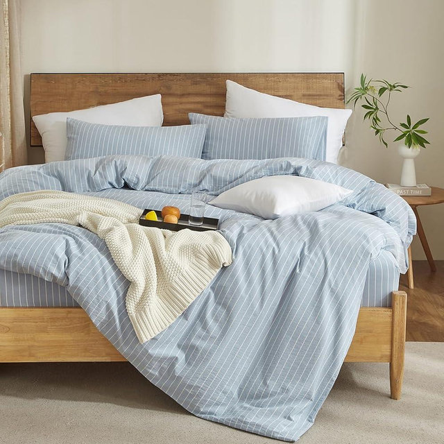 MWL Toy Striped Duvet Cover Set Queen Size 3 Pcs Breathable Durable Chic Linen Like Textured Bedding Set 100% Washed Cotton Duvet Cover for All Seasons (Blue White Wide Pinstripes, Queen)