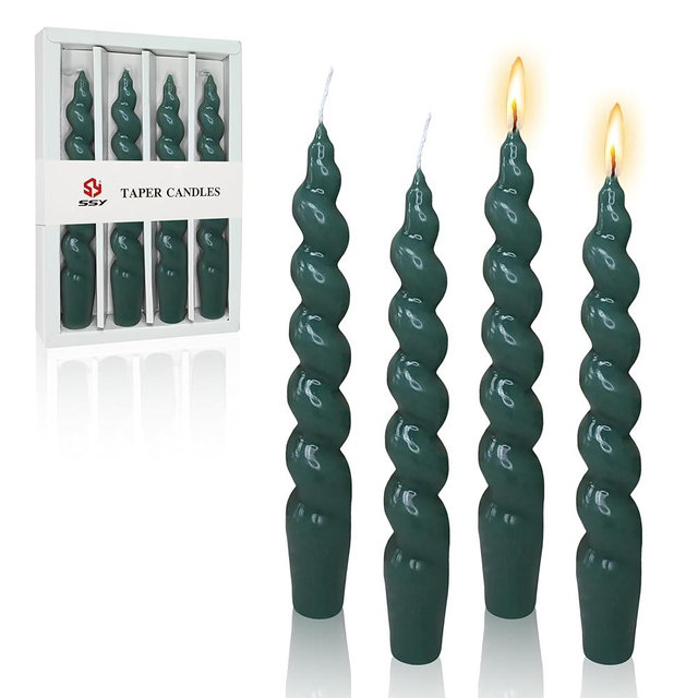 7.5 Inches Spiral Taper Candles Colorful Twisted Candle Dripless Long Candles, Handmade Candlesticks for Wedding Dinner Decor, Set of 4(Dark Green)