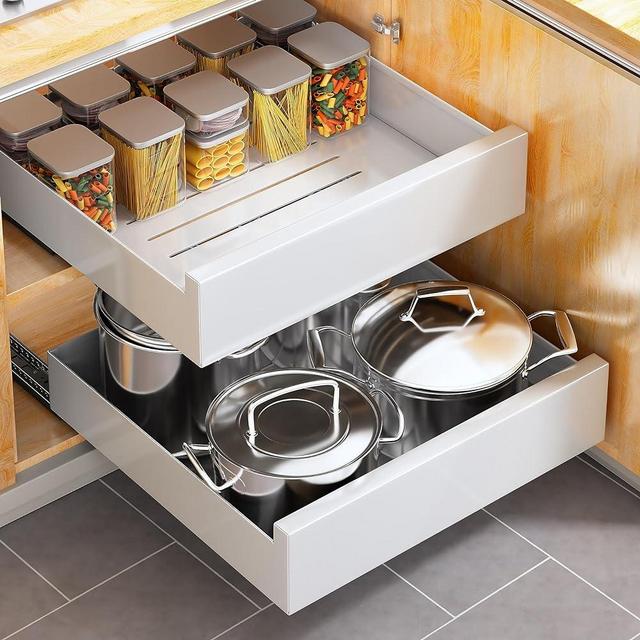 Pull Out Cabinet Organizer Fixed With Adhesive Nano Film,Heavy Duty Storage and Organization Slide Out Pantry Shelves Sliding Drawer Pantry Shelf for Kitchen 15.8"W x 16.9"D x 3.1"H