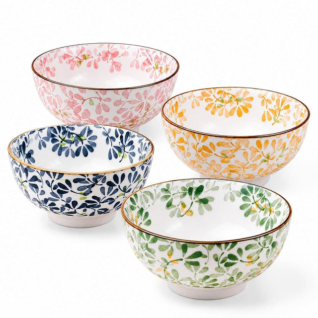 GZGTUU 4-Piece Set of Ceramic Rice Bowls, Cute Floral Porcelain Snack Bowls for Salads, Desserts, and Everyday Meals (4.41 x 4.41 x 2.28 Inches)