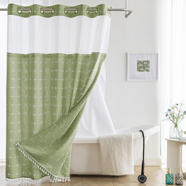 Awesome Home Farmhouse Linen Textured Shower Curtain with Snap-in Liner, No Hooks Needed, with Tassels, 71"X74", Sage