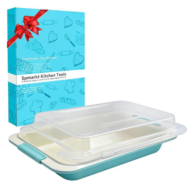 Spmarkt 13x9 Inch Heavy-Duty Baking Pan with Lid, Nonstick Rectangular Cake Pan with Silicone Grip Handles and Snap-On Cover, Durable Lasagna Pan for Brownies, Casseroles, Parties & Potlucks
