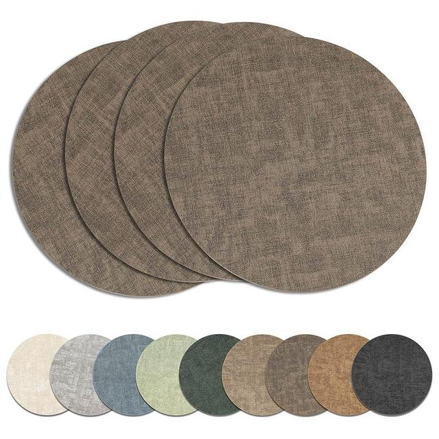 Round Placemats Set of 4, Reversible Faux Leather Heat Resistant Table Mats, 100% Waterproof Oilproof Wipeable Table Protective Placemats for Vinyl, Washable for Indoor & Outdoor Use (4, Dark Coffee)