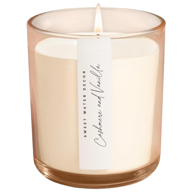 Sweet Water Decor Cashmere and Vanilla Scented Soy Candles – Milky Coconut, Jasmine, Soft Cashmere, Exotic Musk – Cozy Aroma – 50 Hour Burn – 12oz Tinted Glass Jar for Home Decor and Bedroom Decor