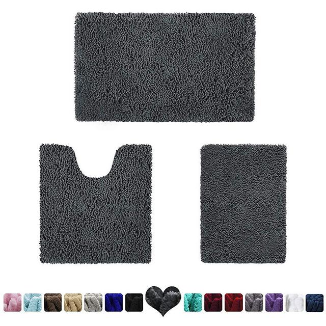 HOMEIDEAS 3 Pieces Bathroom Rugs Set Dark Grey, Luxury Soft Chenille Bath Mats Set, Absorbent Shaggy Bath Rugs & Slip Resistant Plush Bath Mats for Tub, Shower, Bathroom