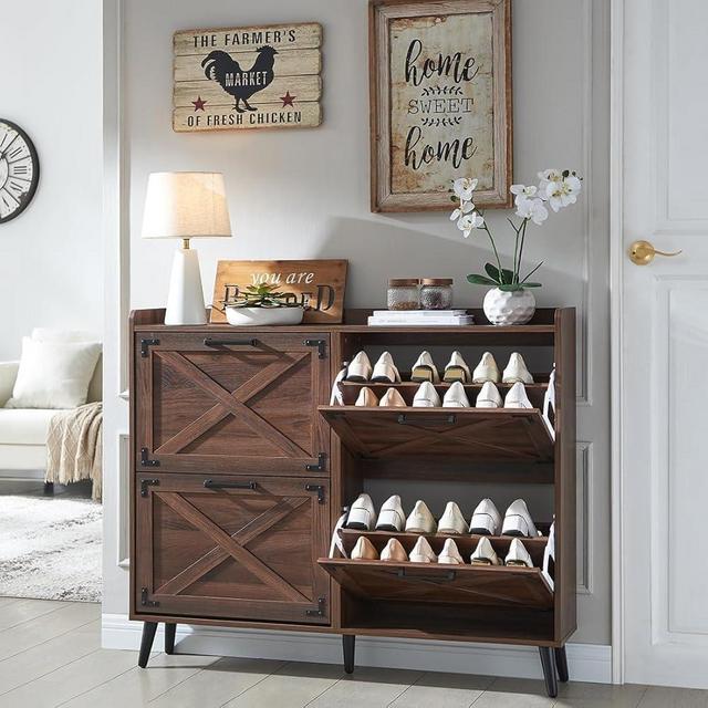 Barnyatoh Shoe Storage Cabinet,Farmhouse Shoe Organizer with 4 Flip Drawers & Barn Door Design,Freestanding Hidden Slim Narrow Shoe Rack Cabinet for Entryway,Foyer,Hallway,Walnut