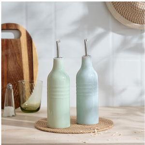 Ceramic Olive Oil Dispenser Bottle, Olive Oil and Vinegar Dispenser Bottle Set of 2 with Stainless Steel Pourers, Suitable for Storage Vinegar, Liquids, Light Blue & Light Green