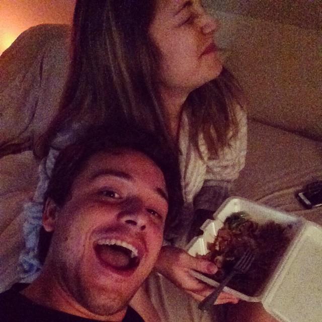James' favorite photo of us while I'm eating take out in bed