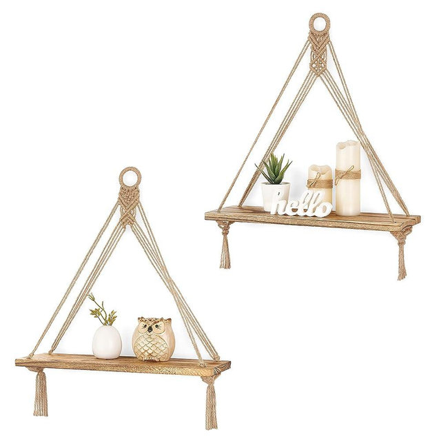 Mkono Macrame Hanging Shelves Boho Wall Decor Set of 2 Rustic Wood Floating Storage Shelf for Bedroom Bathroom Living Room Nursery Dorm Room, Display Shelving for Hanging Plants Photos, Brown