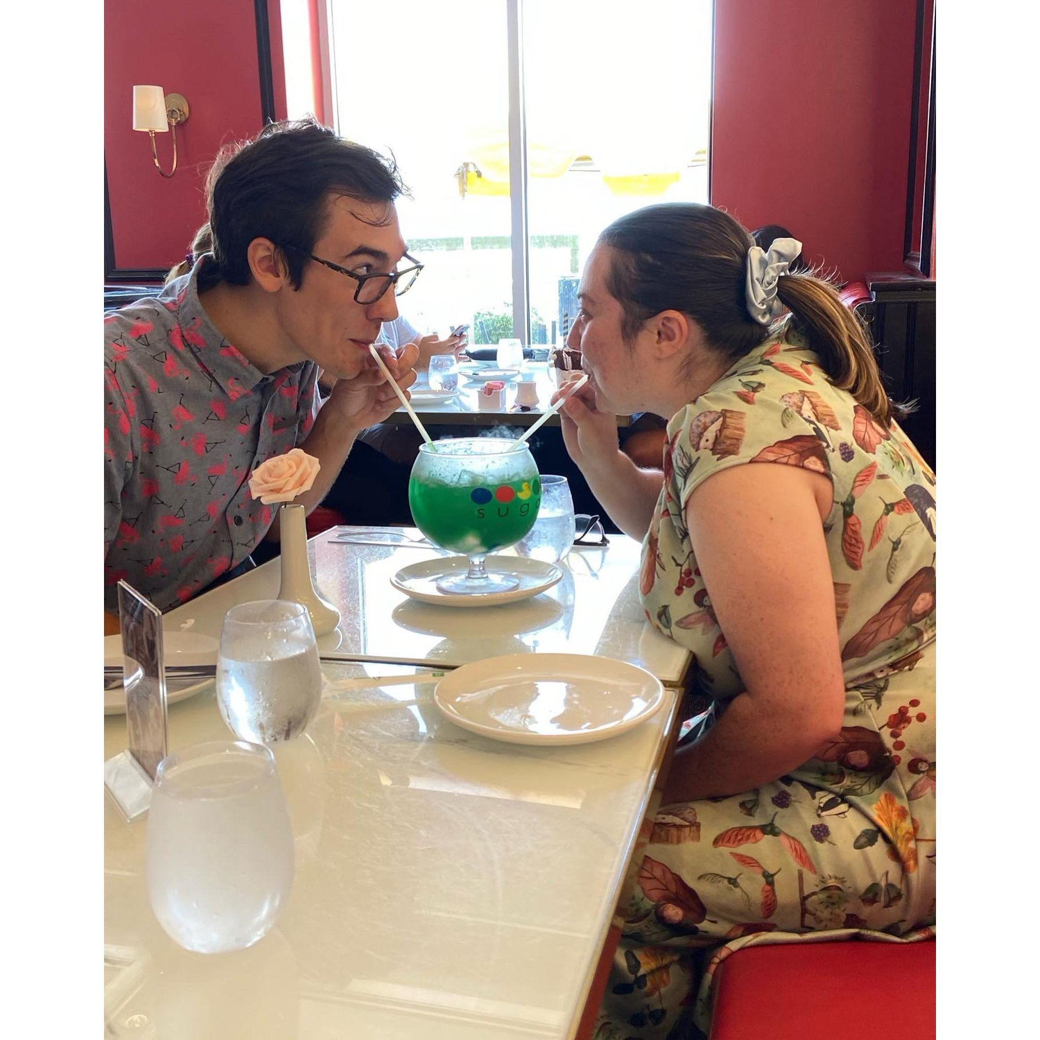 At the Sugar Factory, sharing a SUPER sugary drink together.