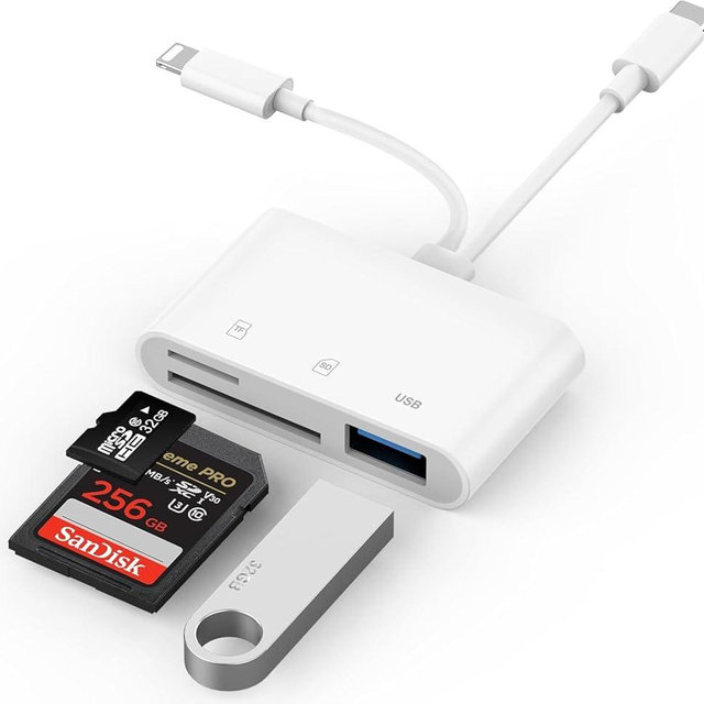 SD Card Reader for iPhone, iPad, USB C Lightning Dual Port SD Card Adapter, Memory Card Reader for Camera Adapter, Support SD, Micro SD, No App Required, Plug and Play