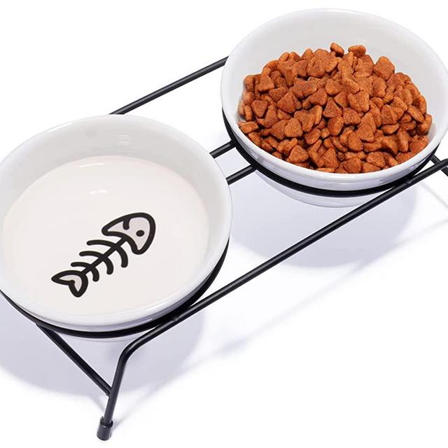 Cat Food Bowls Set, Upgraded 13 oz Ceramic Raised Cat Bowls for Food and Water, 2 Pet Dishes Bowl with Stainless Steel Stand Non-Slip and Anti-Rust, for Cats and Puppy Bowl, Dishwasher Safe