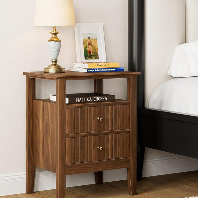 Apetaccat Fluted Nightstand, Farmhouse Night Stand with 2 Drawers, Mid Century Modern Side Accent Table,Bedside End Table for Bedroom, Living Room, Brown
