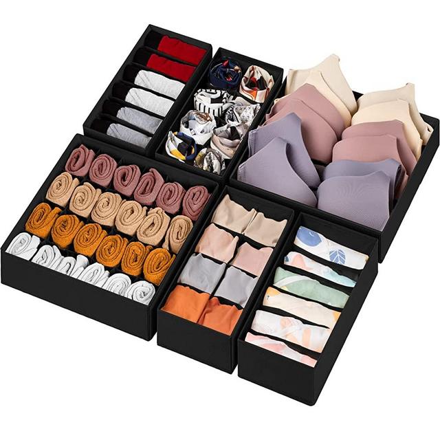 6 Pack Sock Underwear Drawer Organizer Dividers, 58 Cell Foldable Fabric Dresser Closet Organizers and Storage Bins for Clothing, Baby Clothes, Bra, Panty, Scarf, Ties (Black)