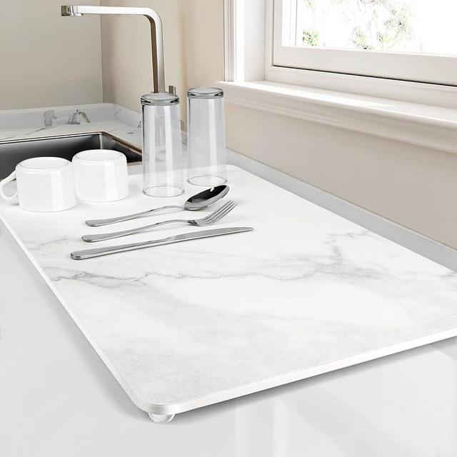 Large Size Stone Dish Drying Mat for Kitchen Counter, 24×15.4Inches, Eco-Friendly Diatomaceous Earth Stone Mat, Ultra Absorbent, Quick Dry, Non-slip, Heat Resistant, Multi-purpose mats(White Marble).