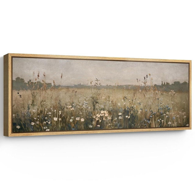 SIGNFORD Large Framed Canvas Print Wall Art Wildflower Meadow Soft Vintage Pastoral Landscape Illustrations Modern Art Calm Warm for Living Room, Bedroom, Office - 60"x20"