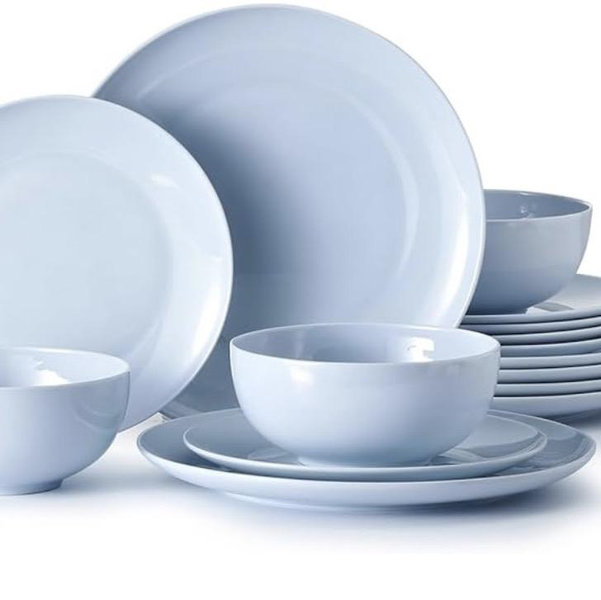 KINGSTONE 18-Piece Bone China Dinnerware Set for 6, Lightweight Porcelain Round Plates and Bowls Set, Durable Scratch Resistant Ceramic Dinner Set, Microwave & Dishwasher Safe, Misty Blue