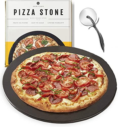Heritage Black Ceramic Pizza Stone and Pizza Cutter Wheel - Baking Stones for Oven, Grill & BBQ - Non Stain