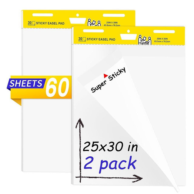 2 Pack Sticky Easel Pads,25 x 30 Inches Flip Chart Paper for Teachers,Self Stick Easel Paper for White Board,Large White Premium Self Stick Flip Chart Paper,30 Sheets/Pad