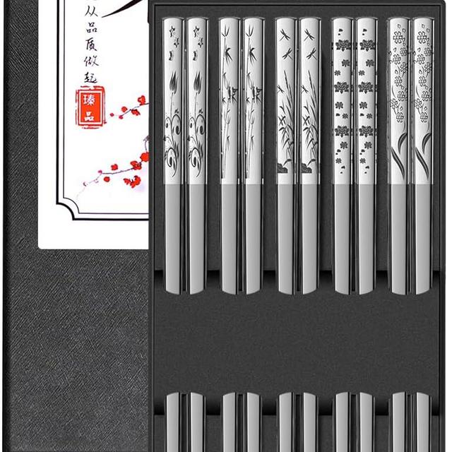 TINMARDA Metal Chopsticks Reusable 5 Pairs 18/8 Stainless Steel Chopstick Beautiful Engraving Patterns Dishwasher Safe Non-Slip Japanese Korean Chop Sticks Present Set