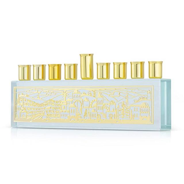 Gold Plated Jewish Chanukah Menorah, Contemporary Design from Crystal Glass, 9 Branch Hand Painted Tample Hanukkah Menorah, a for The Holidays