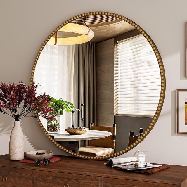 VETROVUE Vintage Round Mirror, 28 Inch Circle Wall Mounted with Baroque Beaded Frame, Home Decor for Entryway, Bathroom, Vanity, Living Room, Gold