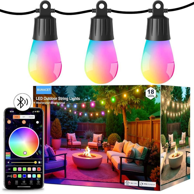 BUNACET Outdoor String Lights APP Control with Remote, 64(52+12) ft RGB+IC+Warm White Outdoor Lights 18 LED Bulbs Music Sync for Garden Party Decor Christmas