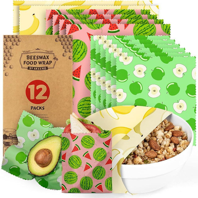 Akeeko Reusable Beeswax Food Wraps - Assorted 12 Pack, Reusable, Plastic-Free Food Storage, Sustainable Gifts, 3 Sizes (6S,4M,2L)