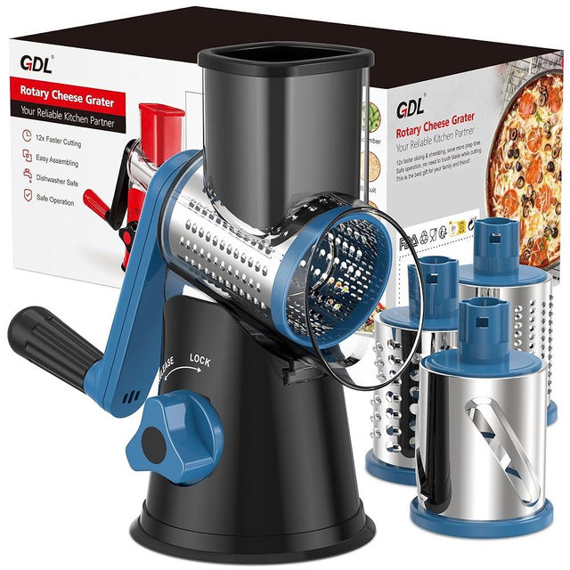 Cheese Grater Rotary, Rotary Grater for Kitchen, Kitchen Grater Vegetable Slicer with 3 Drum Blades, Fast Cutting Cheese Shredder for Vegetables and Nuts