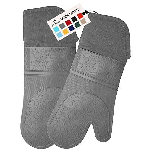 HOMWE Extra Long Professional Silicone Oven Mitt, Oven Mitts with Quilted Liner, Heat Resistant Pot Holders, Flexible Oven Gloves, Gray, 1 Pair, 14.7 Inch