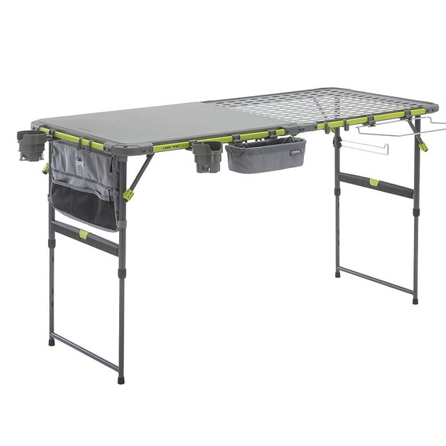 CORE Outdoor Cook Table | 5 Foot Table with Adjustable Height and Storage for Cooking Accessories | Foldable & Portable for Beach, Picnic, Backyards, BBQ, Tailgate, Patio and Party
