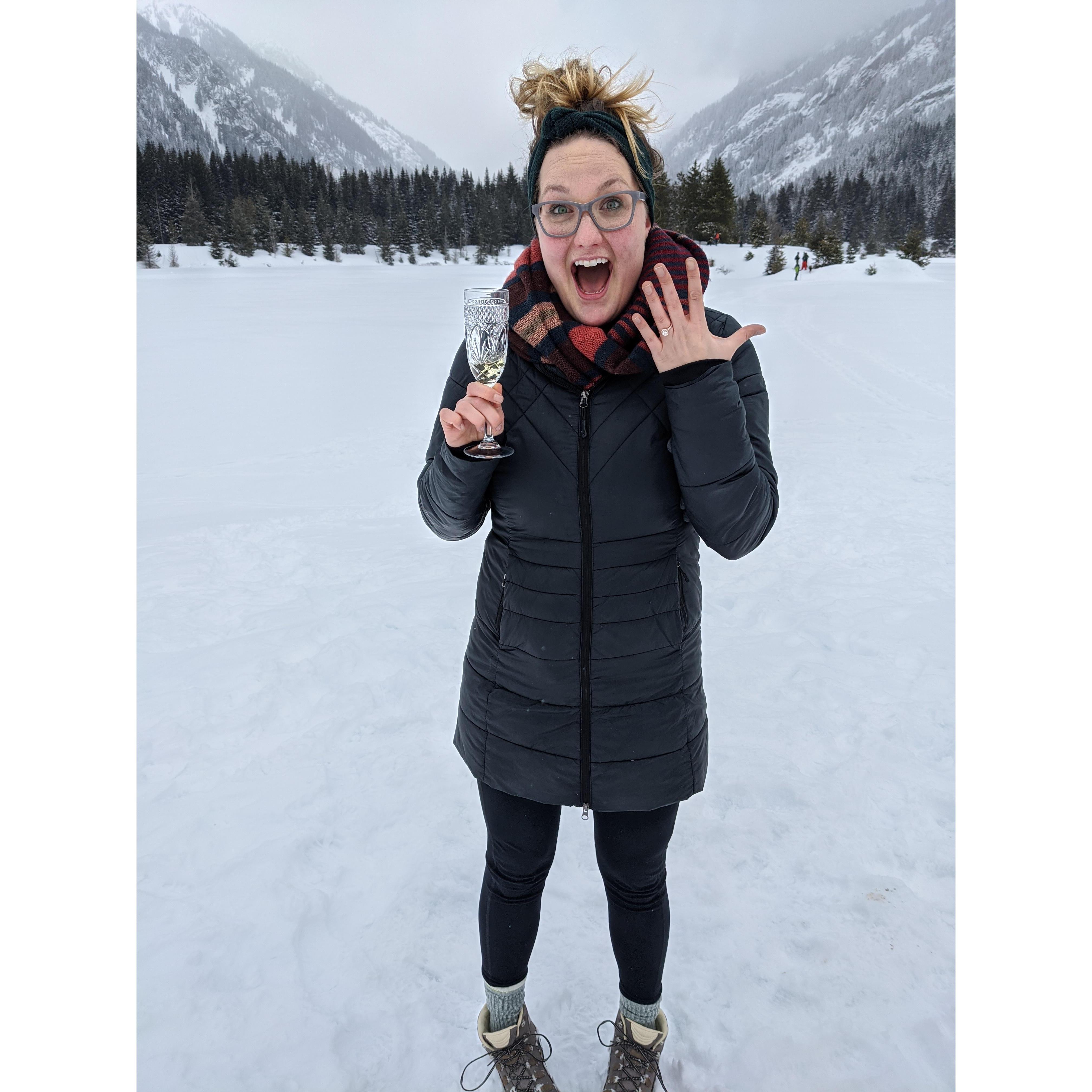 3/14/2020
Engaged! at Gold Creek Pond on the frozen lake.
-special thanks to Jordan and Crissy for trekking up there early, their help getting pictures, and the chamgpagne!