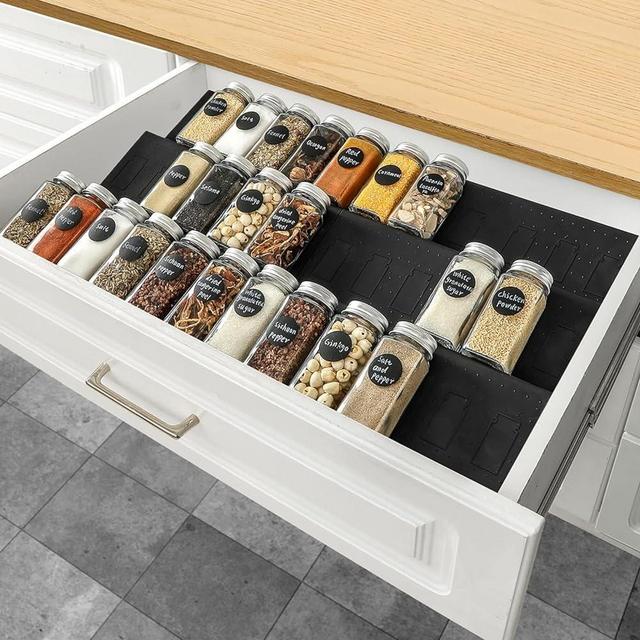 Famhap Spice Drawer Organizer, 6 Tier Expandable from 11.6" to 23.2" Seasoning Rack Tray Insert for Kitchen Drawers, Spice Rack Drawer for Spice Jars, Black(Jars not included)