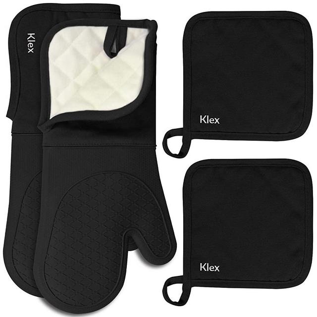 KLEX 4-Piece Set, 15" Silicone Oven Mitts with Comfortable Fleece Quilted Cotton Lining 932F Degrees Heat Resistance and Potholders for Cooking, Baking and Grilling, Black