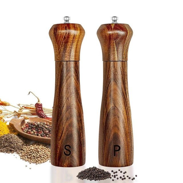 2 Pack Acacia Wood Salt and Pepper Grinder Set, Wood Salt and Pepper Mill Set Salt and Pepper Grinders Shaker Tableware Gifts Pepper Grinder Ceramic Core-8 Inch