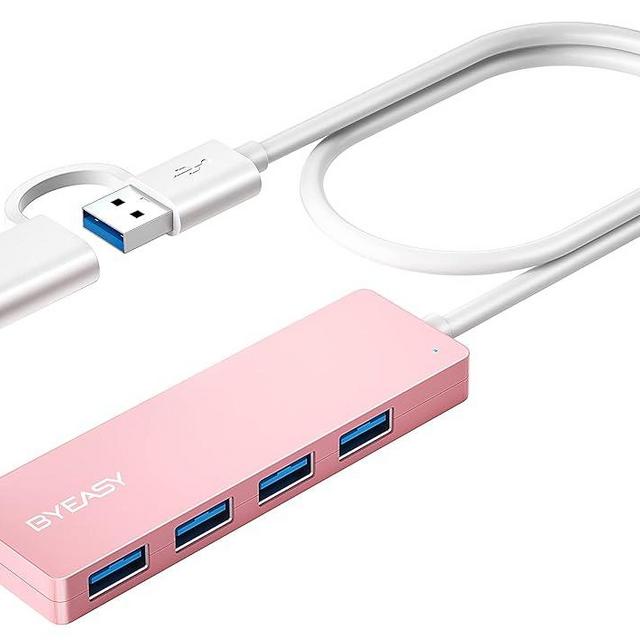 BYEASY USB Hub, USB 3.1 C to USB 3.0 Hub with 4 Ports and 2ft Extended Cable, Ultra Slim Portable USB Splitter for MacBook, Mac Pro/Mini, iMac, Ps4, PS5, Surface Pro, Flash Drive, Samsung(Pink)