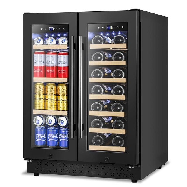 FoMup Wine and Beverage Refrigerator, 24 Inch Beverage Cooler Dual Zone with Glass Door, Under Counter Beverage Fridge with Upgraded 60 Cans 20 Bottles Large Capacity, Black
