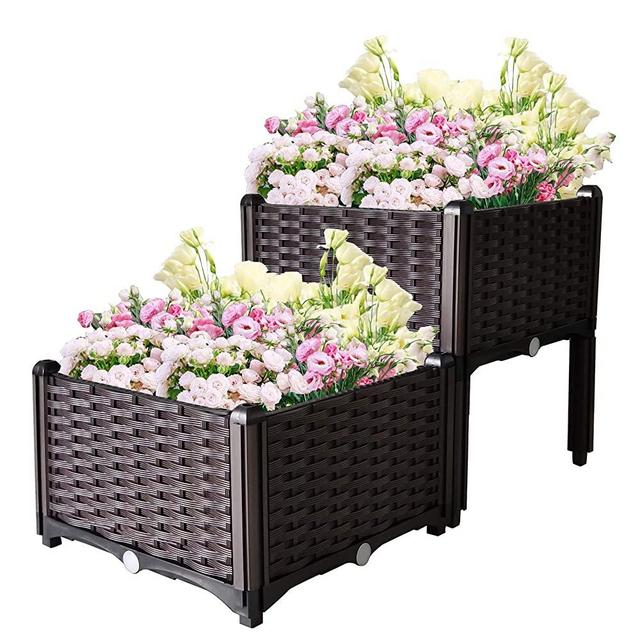 SUNVIVI OUTDOOR 2 Plastic Raised Garden Bed Elevated Planter Box Kit Rattan Pattern with Self-Watering Design and Compact Footprint, Perfect for Flowers Vegetables and Herbs Product Name