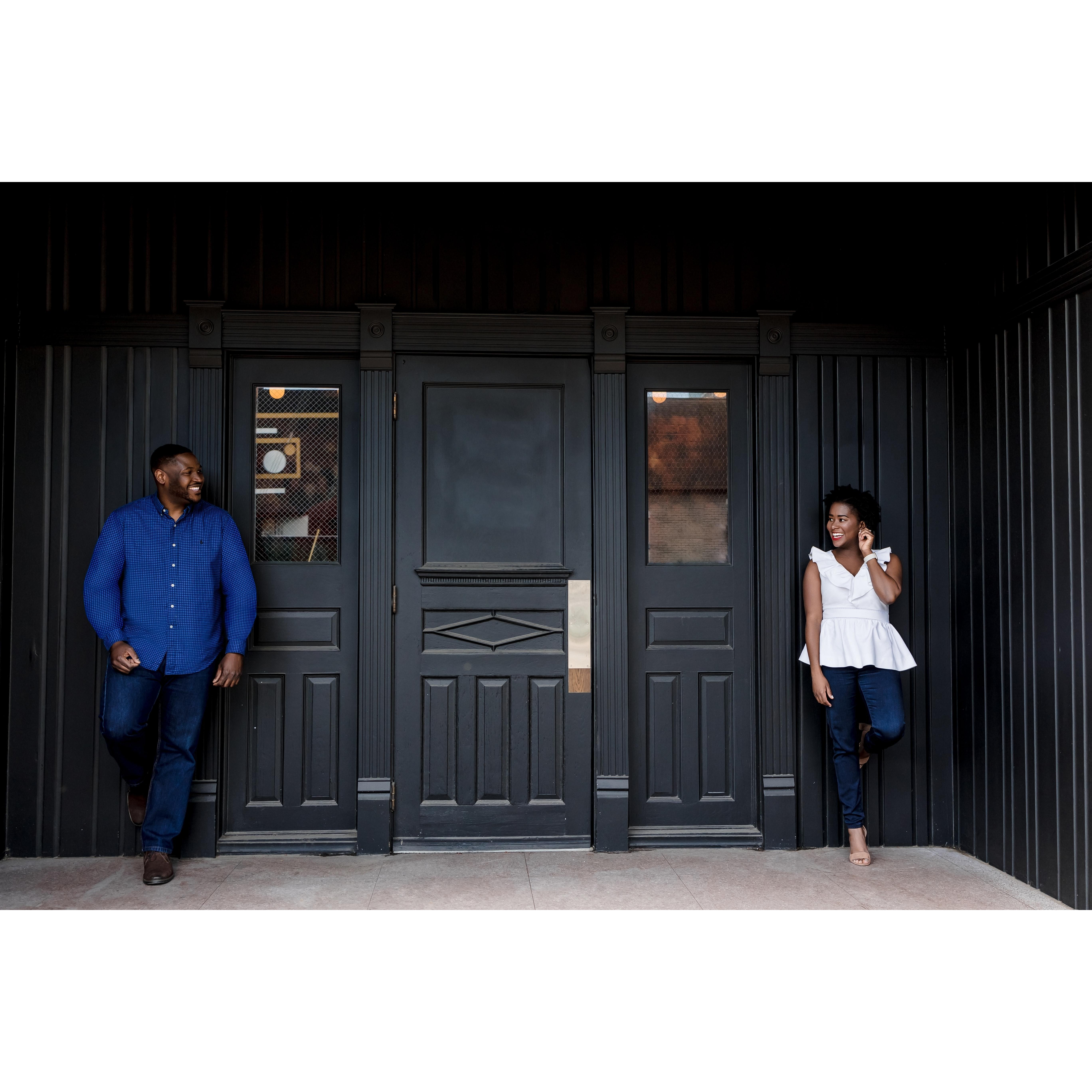 Engagement photos outside the restaurant where we had our first date.